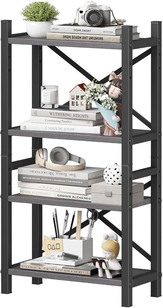 Homeiju Desktop Bookshelf, 4-Tier Stackable Narrow Desk Bookcase, Adjustable Industrial Desk Organizer Display Shelf, Wood Desktop Book Organizer for Living Room, Bedroom and Home Office(Grey)