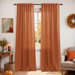 KOUFALL Burnt Orange Fall Curtains for Living Room,2 Panels Sheer Linen MCM Mid Century Modern Bohemian Curtains for Bedroom 84 Inches Long,Dark Orange