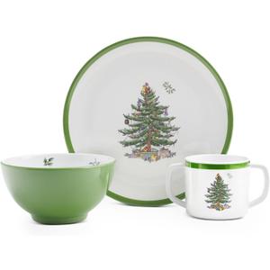 Spode Christmas Tree 3-Piece Melamine Dinnerware Set - 8" Plate, 5" Bowl, 10 Oz Mug - Festive & Durable Holiday Collection for Kids - Christmas Tableware with Classic Tree Motif, Dishwasher Safe