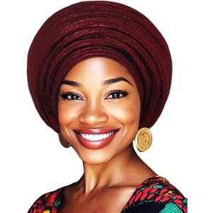 Woeoe Pre-Tied African Hats Gold Auto Gele African Head Wraps Church Turban for Women (One Size, Burgundy)