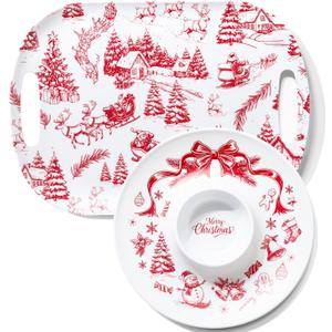 ONEderful 2-Piece Christmas Serving Tray Set with 18 Inch Large Tray and 13 Inch Dip Platter - Holiday Buffet Server for Christmas Party, Family Gathering, Birthday, BBQ - Santa Gifts (Red & White)