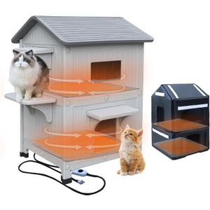 2 Story Waterproof Cat House for Outdoor,with Insulated Linner and Heating Pad,Plastic Outdoor Cat House with Escape Door for Feral Cats, Elevated Cat Shelter