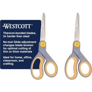 Westcott 8-Inch Titanium-Bonded Scissors with Adjustable Glide Feature for Office and Home - Gray/Yellow, 2-Pack