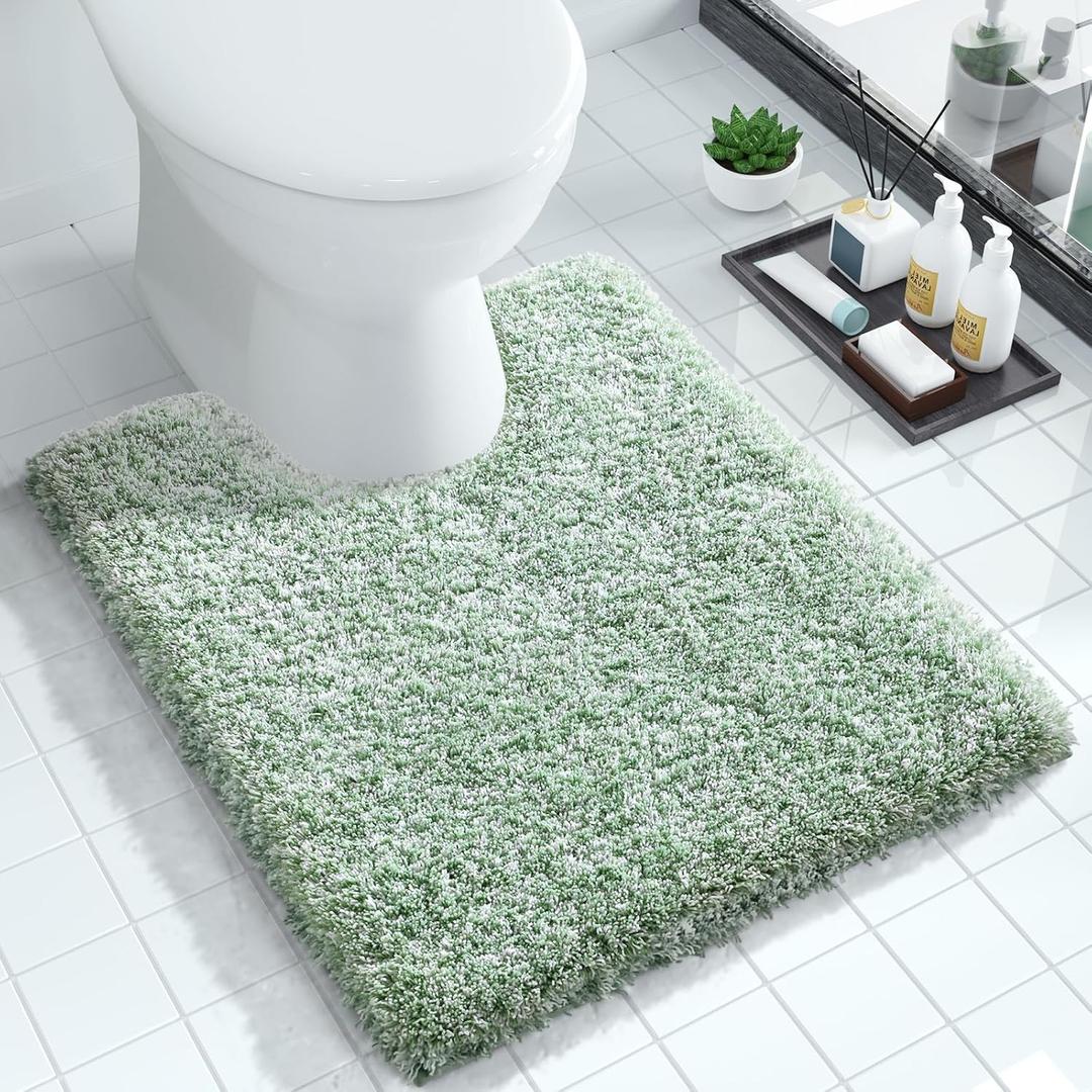 Yimobra Toilet Rugs U Shaped Washable 24x20, Ultra Soft and Water Absorbent Bath Mats, Non Slip Fluffy Shaggy Luxury Microfiber Contour Bath Rugs for Toilet, Dry Quick, Light Green and White