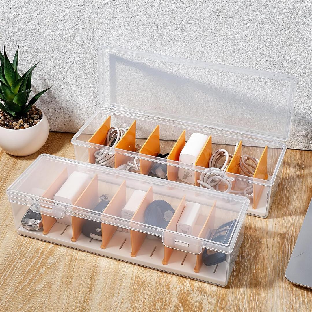2 Pack Clear Plastic Cable Organizer Box with Adjustment Compartments Plastic Charger Cable Cord Storage Organizer with Lid Cables Storage Box for Drawer Desk Office Home