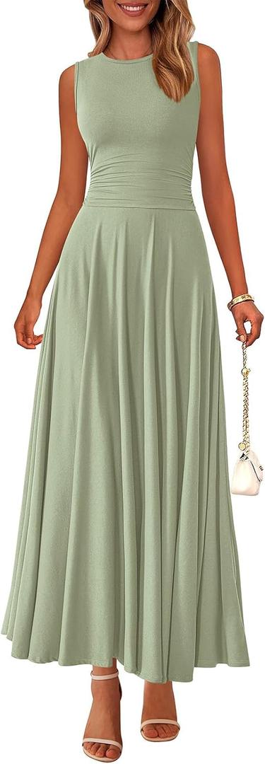 PRETTYGARDEN Women's Spring Dresses 2026 Casual Sleeveless Crewneck Aline Maxi Dress Stretch Tank Flowy Long Dresses (Small, Bean Green)