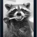 Raccoon Bathroom Art Wall Decor Black And White Animal Picture Funny Raccoon Brushing Teeth Art Farmhouse Framed Prints Painting (10"L x 8"W) JK0301