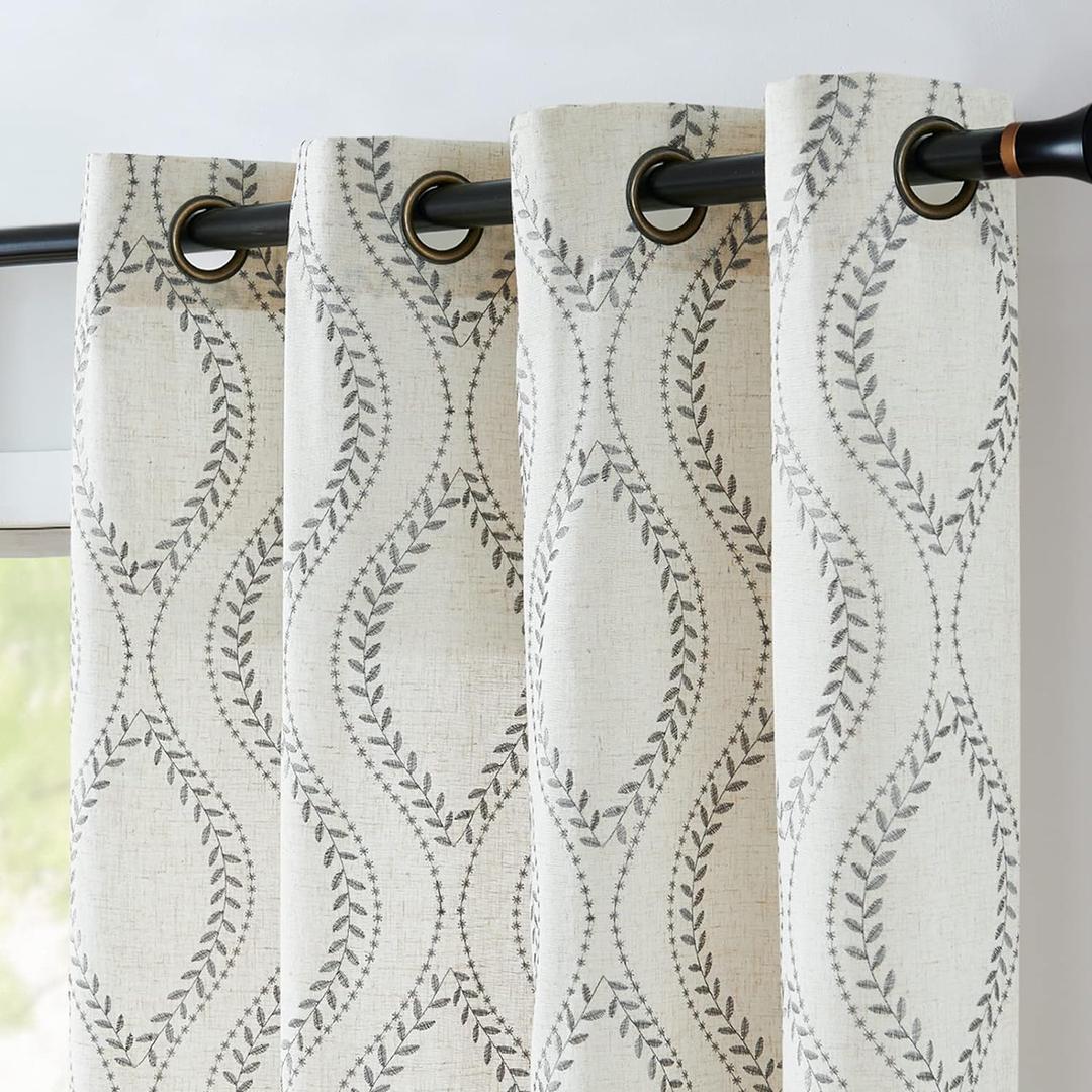 jinchan Boho Linen Blend Curtains Beige Farmhouse Curtains 96 Inches Long Grey Embroidered Leaf Living Room Ogee Geometry Drapes Light Filtering Grommet Country Drapes 2 Panels Gray on Flax