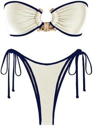 ZAFUL Metal Ring Bandeau Bikini Tie Side Bathing Suit High Cut 1 Piece Swimsuit Cutout Swimwear M