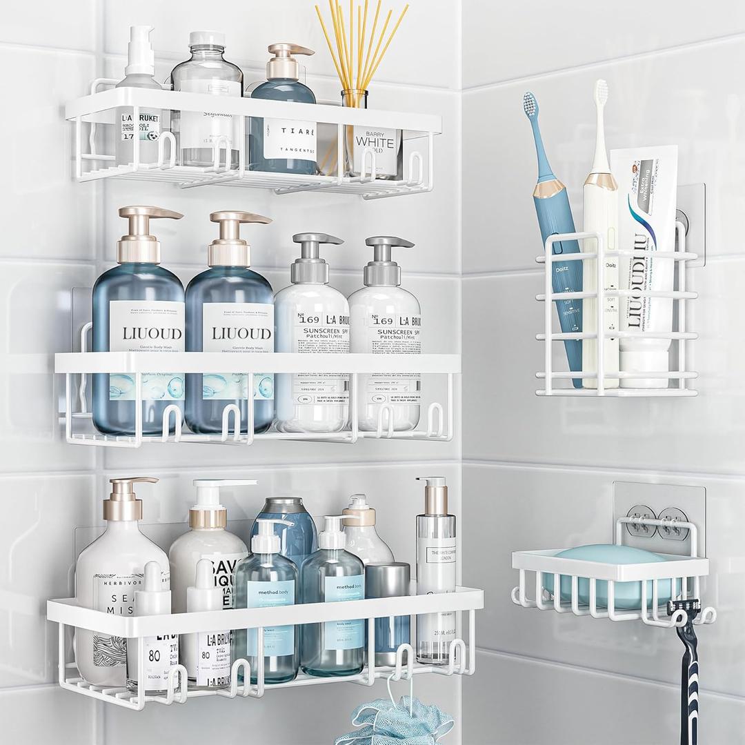Liuoud 5 Pack Shower Caddy Organizer Rack Shelf for Inside Shower, Self Adhesive Wall Storage Basket Rustproof Stainless Steel Shampoo Holder Bathroom Accessory Decor Set, White