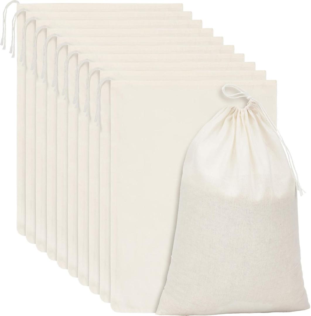 15 Packs Muslin Bags with Drawstring Canvas Large Storage Cloth Bags Bulk Cotton Reusable Grocery Sacks DIY Craft Sachet Sacks for Party Wedding Home Storage, Natural Color(13.8 x 10 Inches)