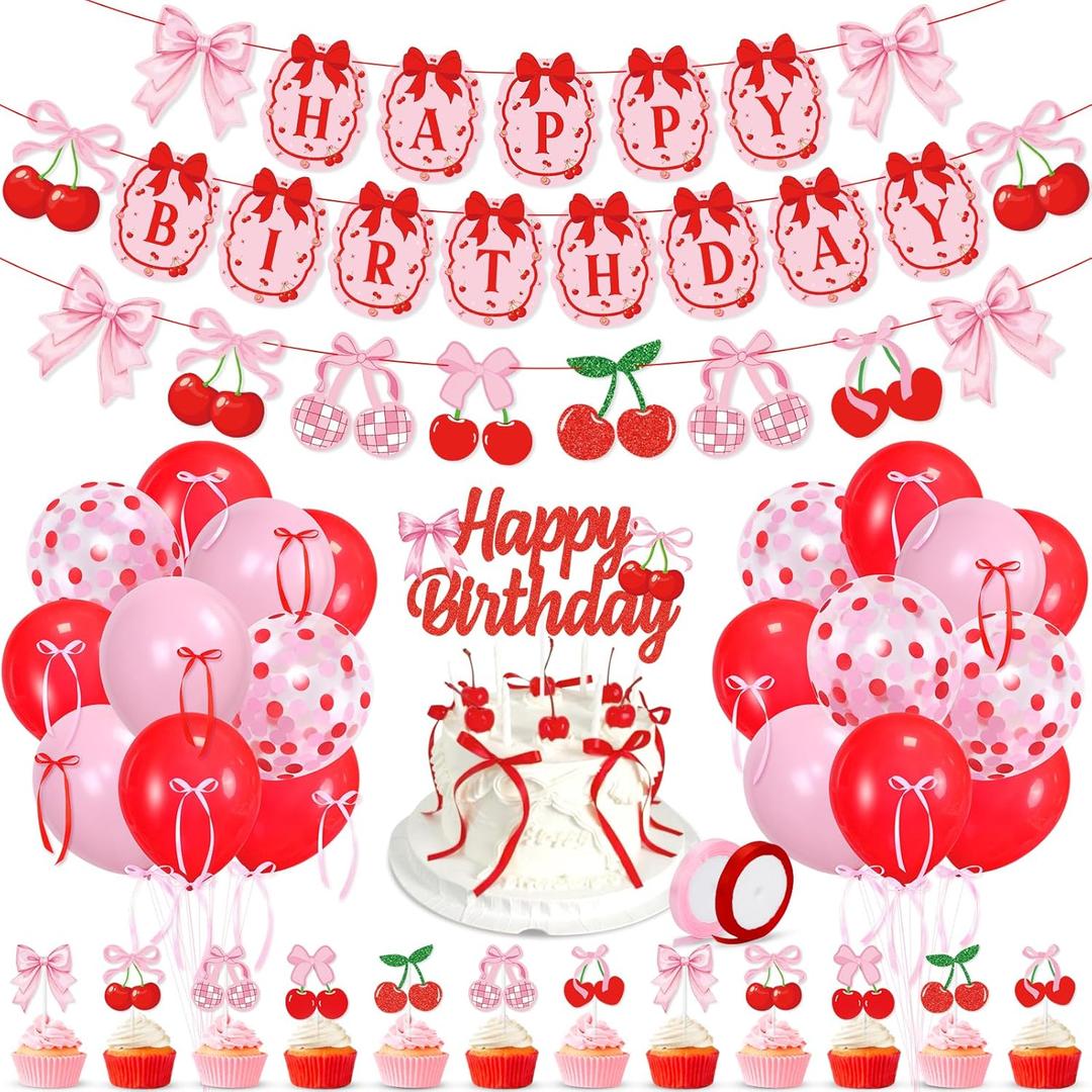 K KUMEED Cherry Birthday Decorations,Cute Happy Birthday Cherry and Bow Banner,Summer Fruit Cherries Party Supplies Cake Topper Latex Balloons for Birthday Party Decorations