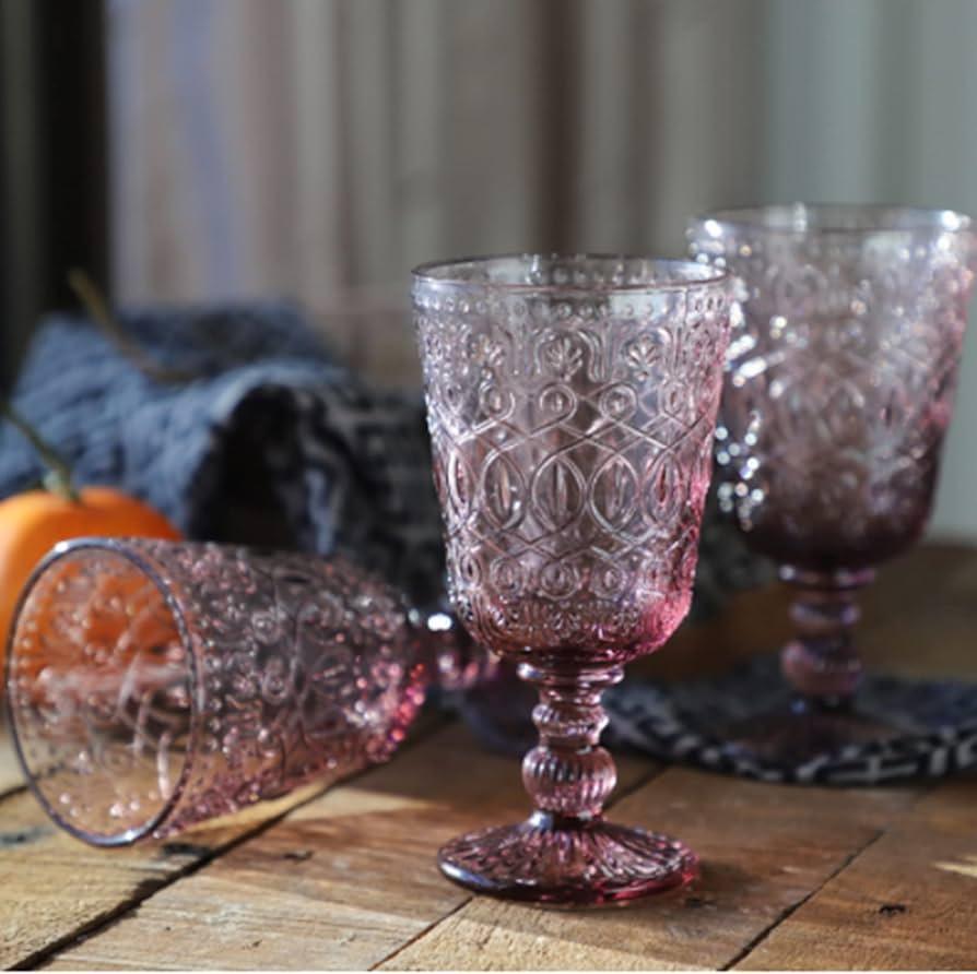 Vintage Glassware Purple Water Goblets Drinking Colored Glasses set of 4 Pink Embossed Drinkware Stemware 10 oz for Wedding Party Bar Christmas