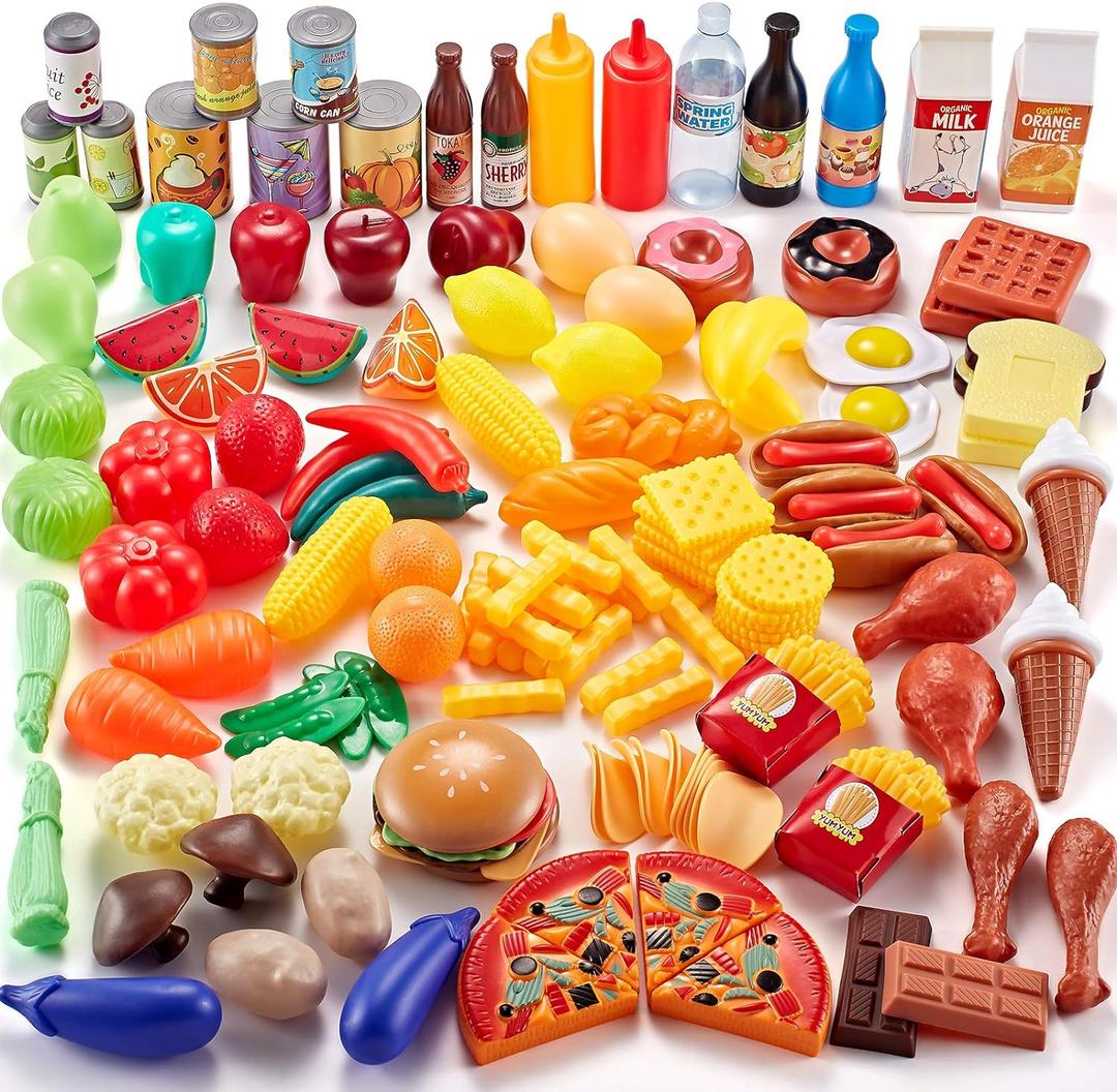 143 Piece Play Food for Kids Kitchen - Toy Assortment - Pretend Food for Toddler - Bonus Water Bottle + Deluxe Color Box Packaging + Storage Bag