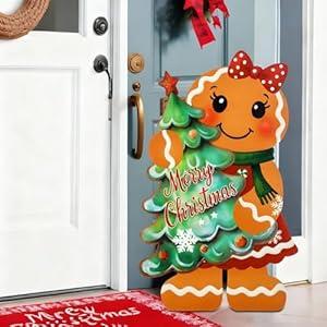 Memorywuu 21.2 Inches Wooden Christmas Gingerbread Man Porch Sign Christmas Decoration Front Door Rustic Gingerbread House Decor Xmas Tree Welcome Standing Sign Cutout for Outdoor Indoor Porch Party