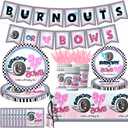 142pcs Burnouts or Bows Plates and Napkins Burnouts or Bows Gender Reveal Decorations Paper Wheels Bows Boys or Girls Tableware for Baby shower Gender Reveal Decorations Kit