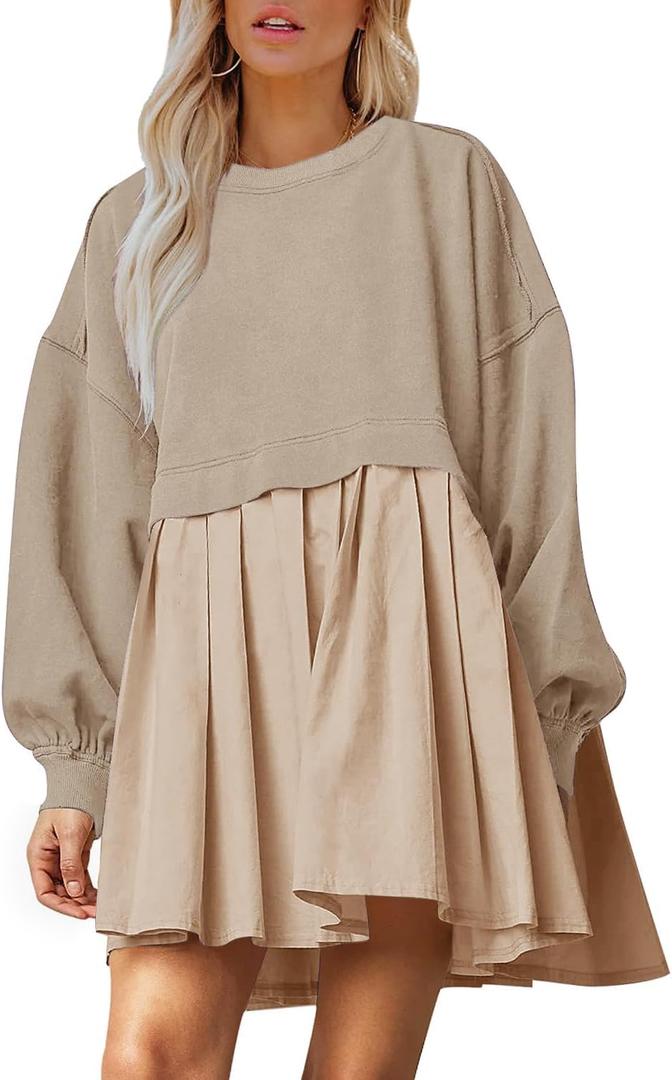 Dokuritu Sweatshirt Dress Women Crew Neck Long Sleeve Patchwork Pullover Tops Flowy Oversized Sweatshirt Mini Dress (Medium, Khaki)
