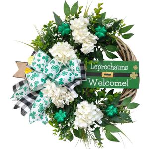 18" St. Patrick's Day Shamrocks Wreath for Front Door Artificial Clover Wreath with Hydrangea Green Leaves Bow Welcome Board for Irish St. Patrick's Day Decoration Home Spring/Summer Decor