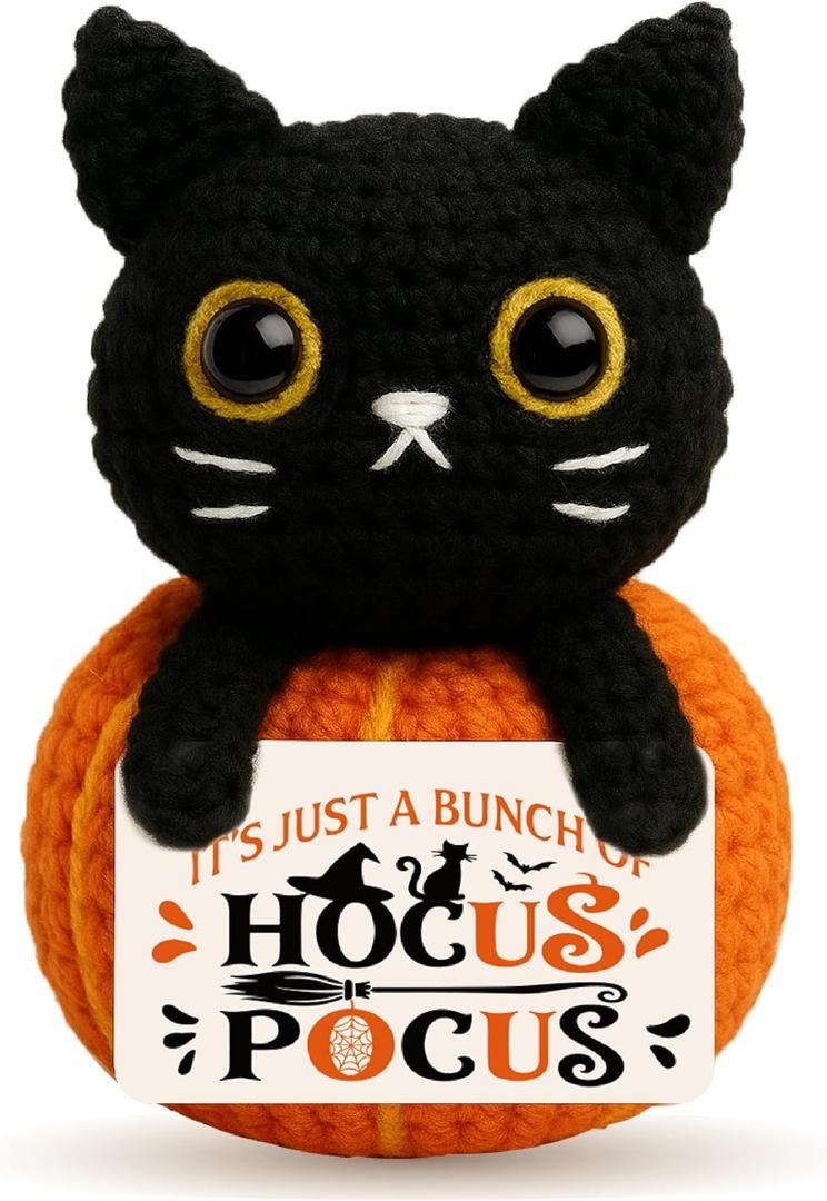 2 x Hocus Pocus Sign Magical Halloween Decor Gift, Mini Black Cat Plush Pumpkin Toy, Witchy Cute Halloween Decor for Women Friend Coworker Handmade Crochet Fall Autumn Table Tiered Tray Ornament