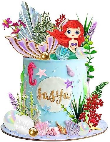 Mermaid Cake Toppers - Under the Sea Tail Cake Decorations with Artificial Water Plants & Pearl Balls for Girl Kid Birthday Party & Baby Shower Supplies (Style 1)
