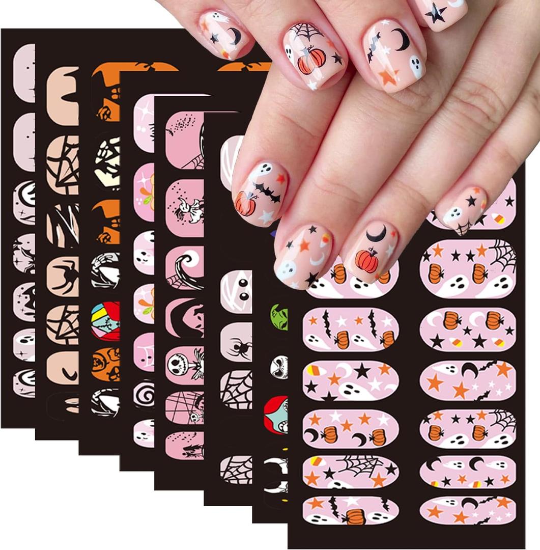 8 x 8 Sheets Halloween Nail Wraps Stickers DIY Self-Adhesive Nail Art Decals Full Wraps with Pumpkin Bat Spider Skull Designs Halloween Decals Manicure Decor for Women Nail Accessories (Halloween Style 2)