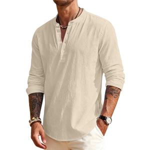 Men's Linen Shirts Henley T-Shirts Long Sleeve Casual Beach T-Shirts Solid Tops Shirts for Men (Beige, XL)
