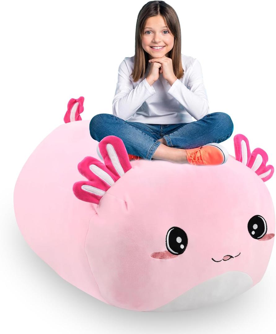 Stuffed Animal Storage Bean Bag Chair Cover for Kids Cute Large Beanbag Bedroom Dcor Organizer Cover, No Beans - Pink Axolotl