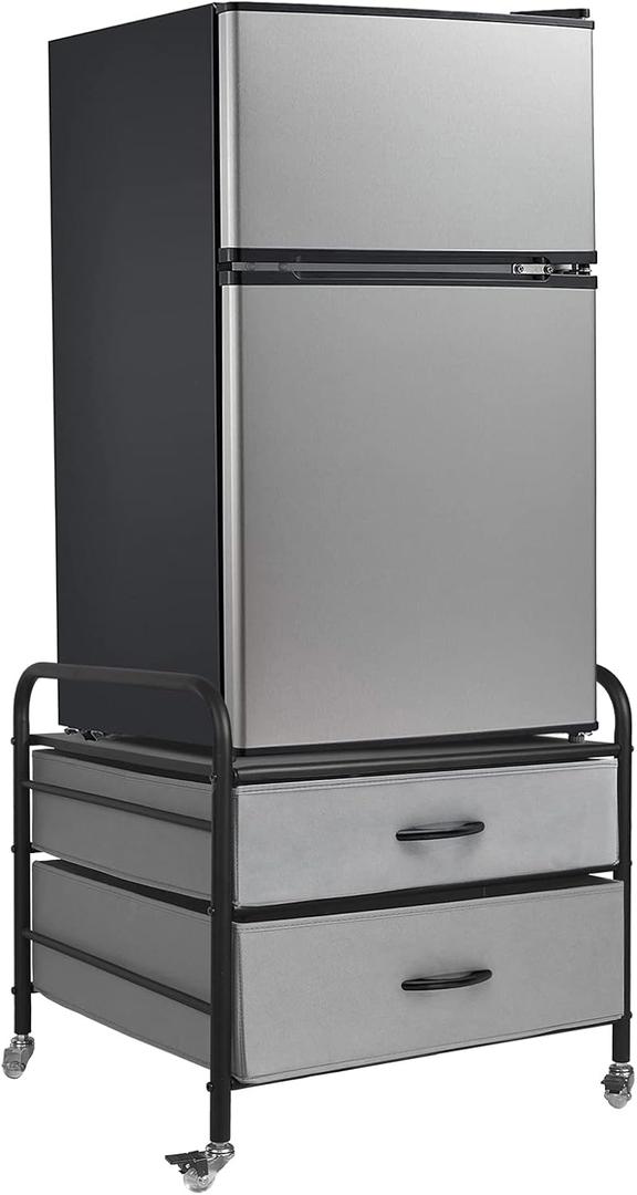 Mini Fridge Stand, Fridge Stand with Storage, 2 Drawer Fridge Cart, Organizer Unit for Mini Fridge, Fridge Stand with Metal Frame and Fabric Drawers, Mini Fridge Table with 4 Swivel Wheels (Grey)