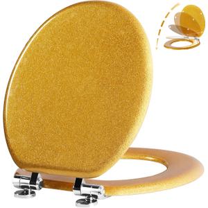 Angol Shiold Glitter Toilet Seat Molded Wood Round Toilet Seat with Quietly Close and Quick Release Hinges, Easy to Install also Easy to Clean (Round 16.5'', Gold)