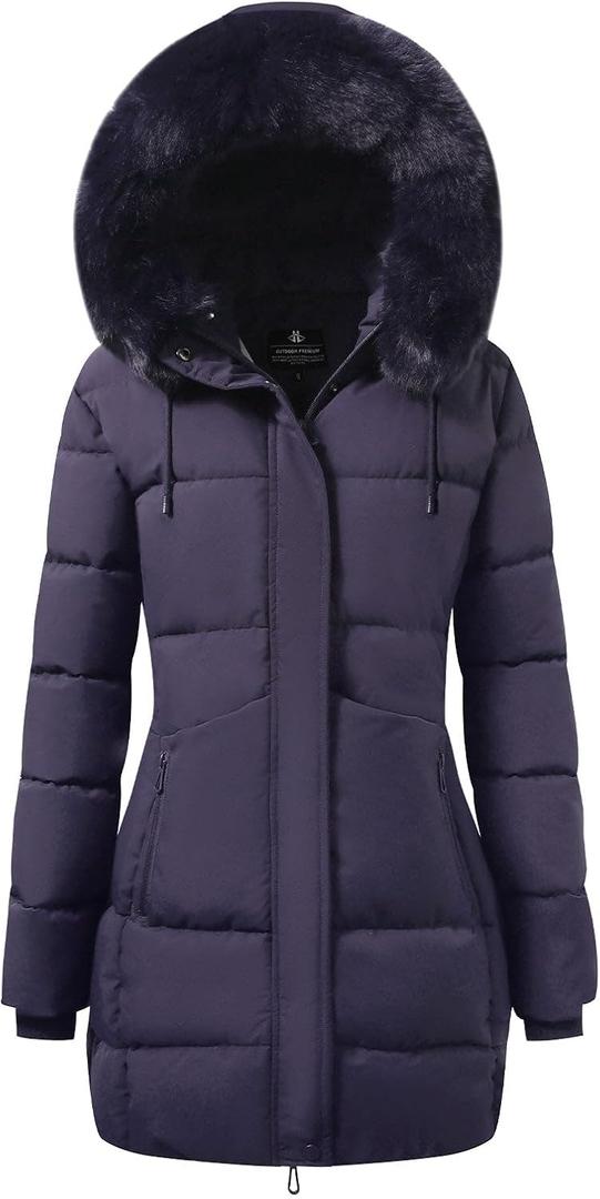 ASPO Women's Winter Warm Coats Waterproof Thick Fleece Lined Down Puffer Jacket 5 Pockets Long Parka Faux Fur Detachable Hood Purple S (Purple, S)