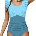 Girls Swimsuit One Piece Ruffle Trim Swimwear Criss Cross Girls Bathing Suit for 6-14 Years (Blue1)