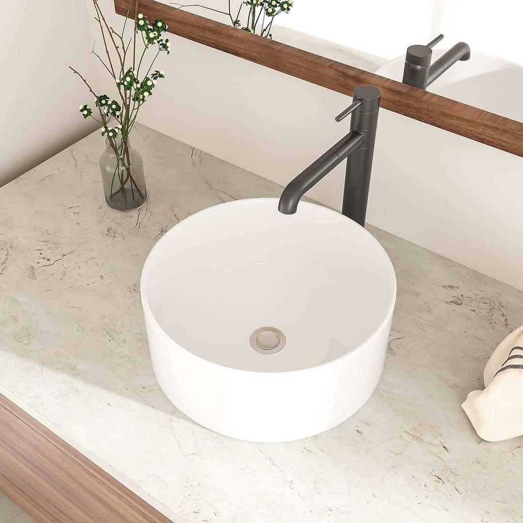 Round Vessel Sink 15"x15" White Porcelain Ceramic Bathroom Sink, Above Counter Vanity Art Basin