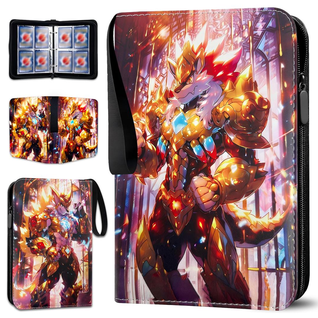 Trading Card Albums with Zipper - 4 Pocket Double Sided Collection Binder for 400 Cards, Durable Scratch-Resistant PU Cover, 3 Ring Trading Card Sleeves, Portable Organizer for MTG & Game Card (Gold) Pack of 2