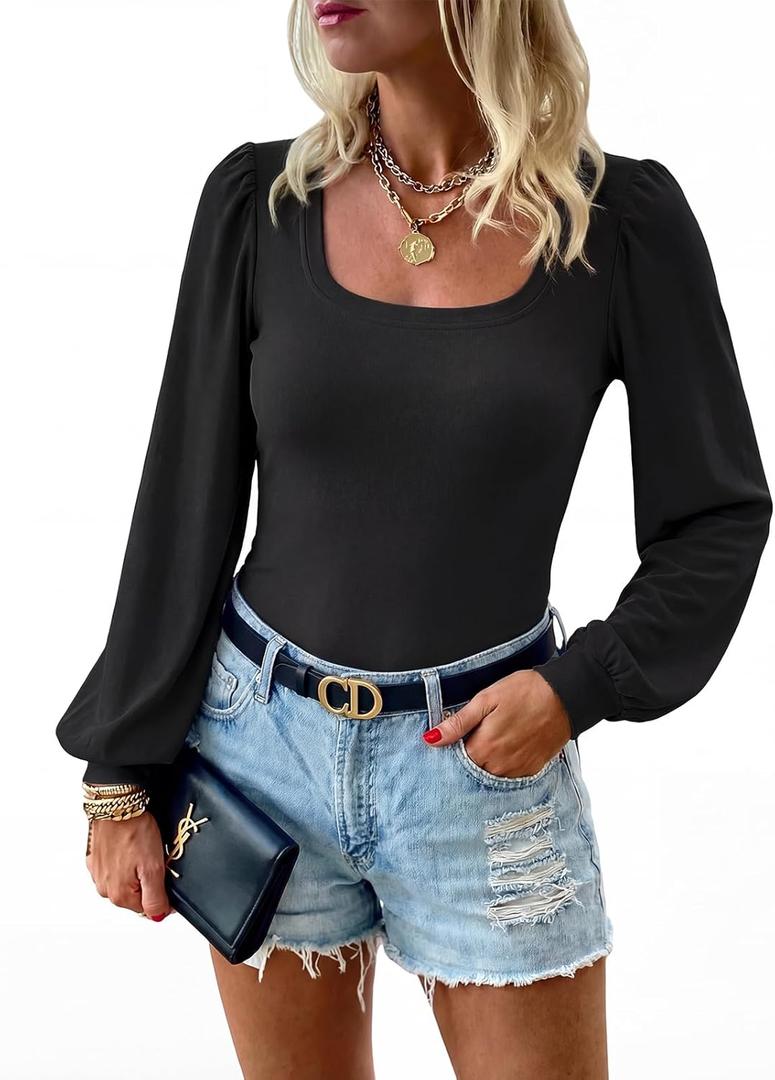 Womens Puff Long Sleeve Tops Square Neck Ribbed Knit Slim Fit Blouse Basic Tee Tops Elegant T Shirts (XL)