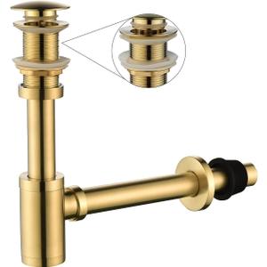 Bathroom Sink Stopper P-Trap Complete Set Adjustable 1-1/4 Bottle Trap Solid Brass Sink Drain Kit Tube and Pop Up Drain Stopper Set Without Overflow, Brushed Gold