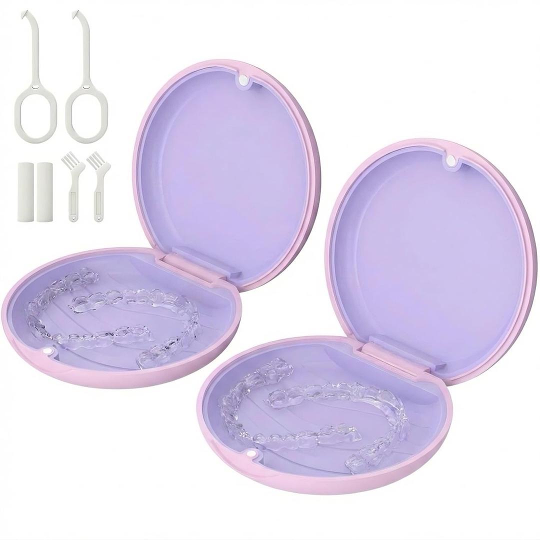 2 Pack Retainer Case, Compatible with Invisalign, Slim Aligner Case with Removal Tool, Aligner Seaters & Brush, Pocket Size Secure Magnetic Closure for Travel - Sakura Lilac