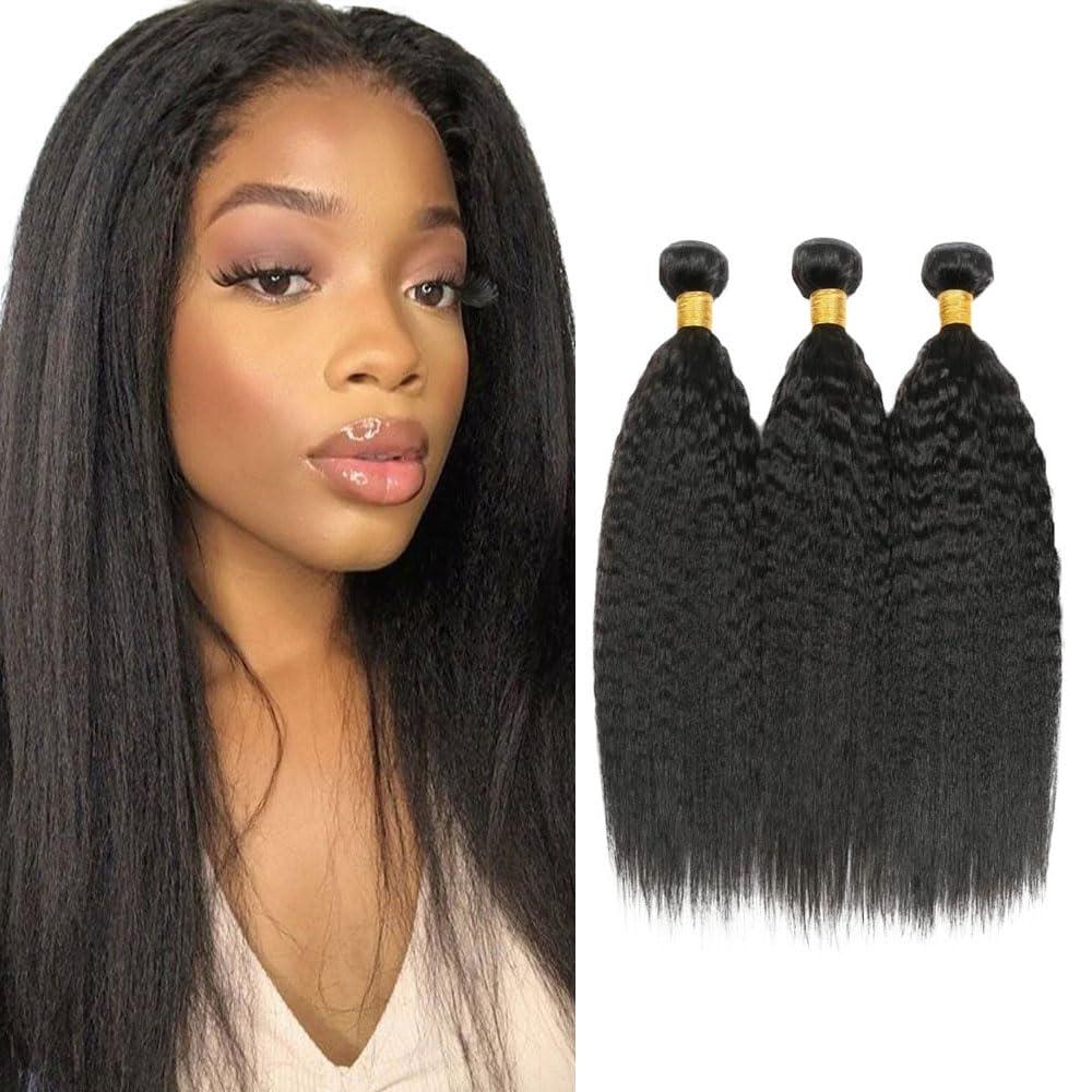 Yaki Straight Human Hair Bundles #1B Bundle Yaki Human Hair Bundles Unprocessed Virgin Natural Black Color Bundle 20 22 24 Inch 150g