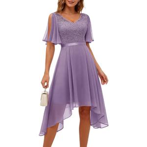 BeryLove Cocktail Formal Party Dress Bridesmaid Wedding Guest A Line Lace Elegant Flowy Prom Dresses (Purple, XL)