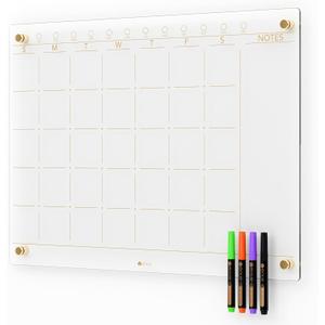 Clear Glass Monthly Dry Erase Calendar Non-Magnetic Whiteboard for Wall, 17" x 23", Frameless Large Monthly Menu Planner White Board for Home Kitchen & Office, 4 Markers Included, Yeoux