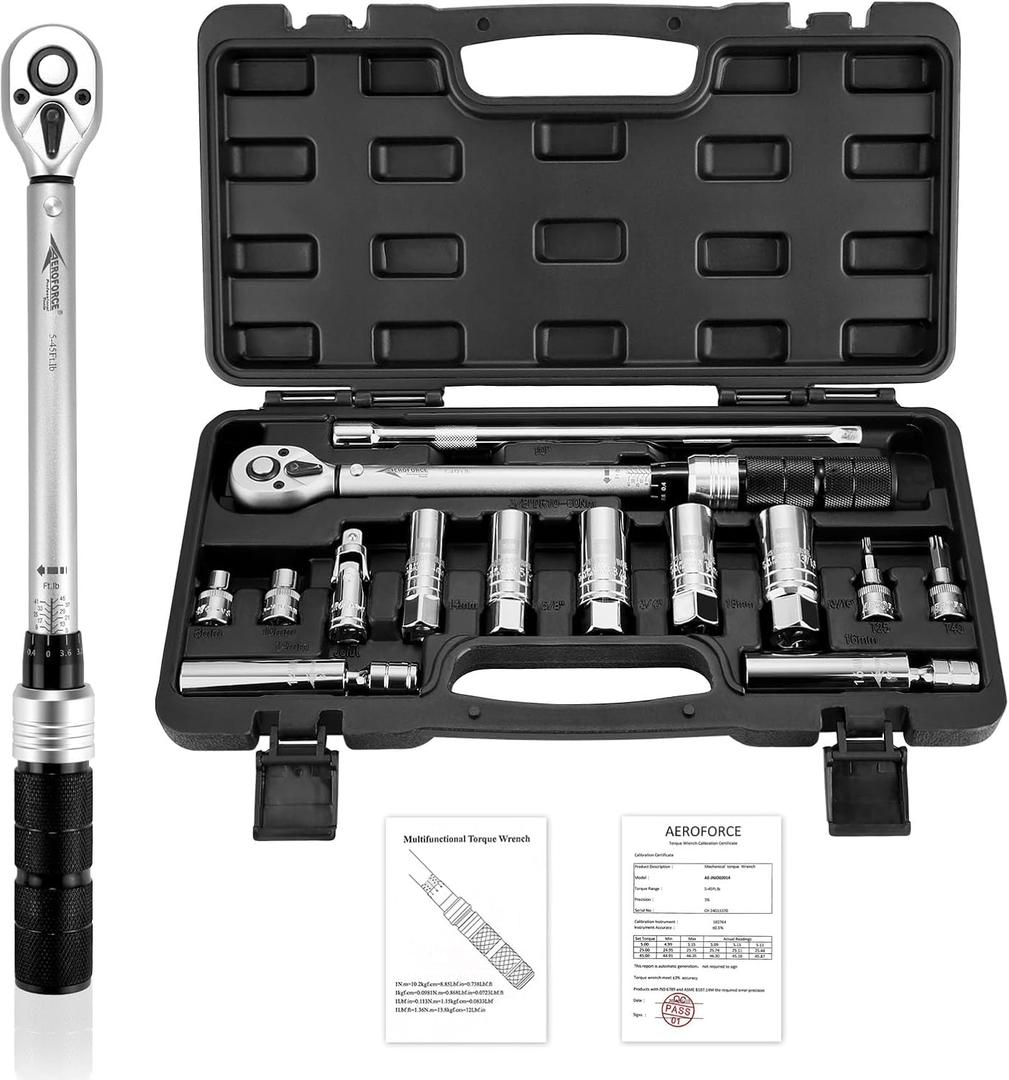 AEROFORCE 14PCS 3/8-Inch Drive Swivel Magnetic Spark Plug Socket Set with 3/8'' Torque Wrench (5-45 Lb.ft/6.8-61.2 Nm), Universal Joint & Extension Bar - Durable CR-V Steel for Easy Spark Plug Removal