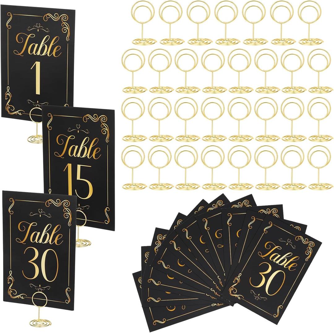 31 Sets Table Number Cards with Holders, Gold Black Table Numbers 1-30 and Head Table Holder 2 Inch Wedding Table Numbers Stand Place Card for Restaurants Party Centerpieces
