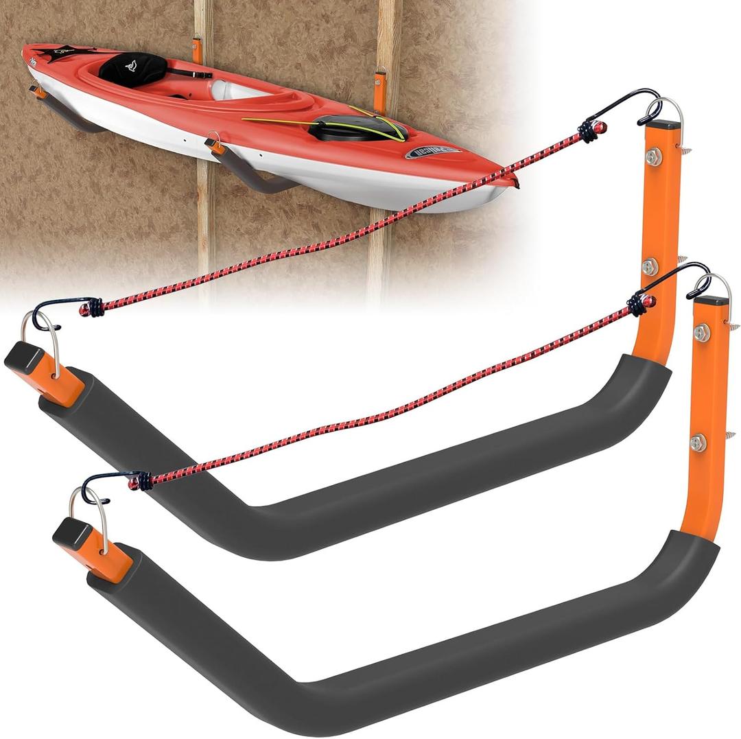 26" Kayak Wall Mount Storage Rack with Foam Padded, 150lb Weight Capacity Kayak Holder Accessories with Elastic Rope, Kayak Hooks for Outdoor StorageGarage WallHangingDockCanoe Hanger  (2 PACK-Red)