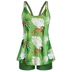 Arolina Bathing Suits for Women Plus Size Flowy Tankini Sets Adjustable Straps Swimsuit Army Green Leopard Print 18W
