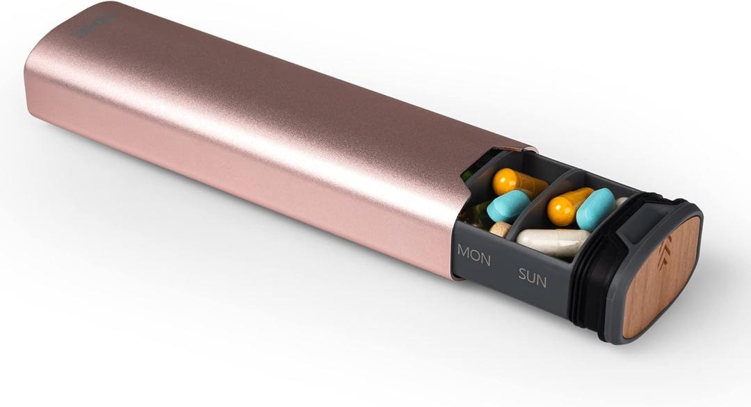 7 Day Weekly Pill Organizer by mbarc - Premium Stylish Aluminum and Wood Large Capacity Pill Box for Supplements, Pills, Vitamins and Medicine. (Satin Rose)