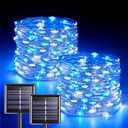 JMEXSUSS 2 Pack Blue and White Solar Christmas Lights, Each 33FT 100 LED Solar String Lights Outdoor Waterproof, 8 Modes Mini Fairy Lights for Outside Yard Patio Christmas Decorations
