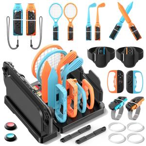 Switch 1/2 Sports Accessories Bundle with Organizer Station Compatible with Nintendo Switch Console & Joy-con, Storage and Organizer for Switch Sports Games, Family Sports Games Pack Accessories Kit (Orange & Blue)