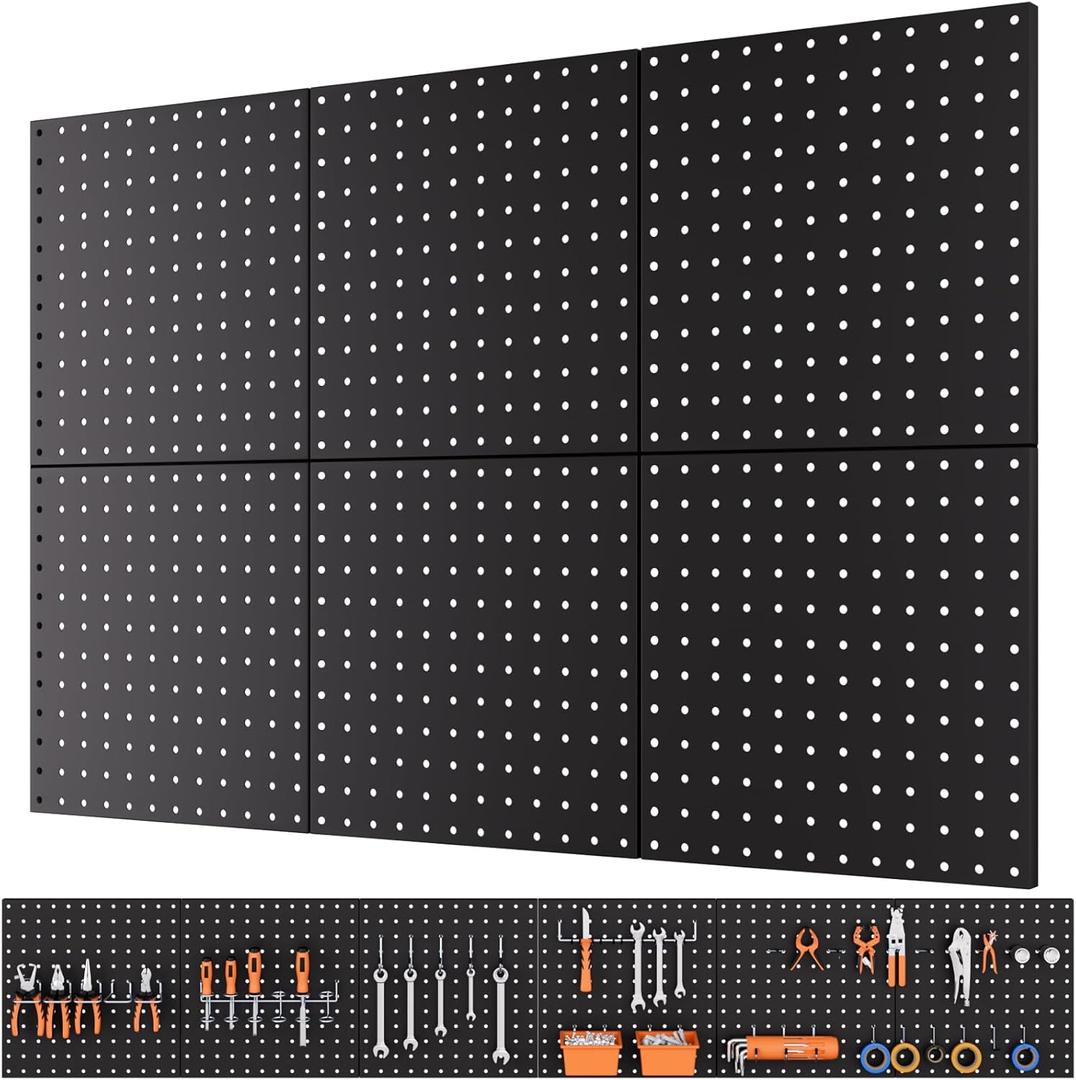 INCLY 6 Pack 12"x12" Black Metal Pegboard Panels, Heavy Duty Pegboard Wall Organizer with Frame, Black Peg Board for Walls, Garage, Workbench, Shed, Kitchen, Craft Room Tool Organization