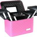 Sooyee Makeup Bag Cosmetic Bag with Mirror, 4 Layer Foldable Tray Makeup Organizer Open to the Sides, Makeup Travel Bag for Women, Train Case, Pink
