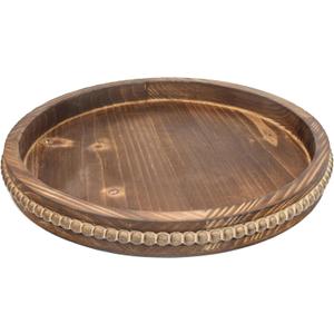 Round Burnt Wood Serving Tray with Beads, Wooden Decorative Tray for Entertaining, Decoration, and Gifting,
