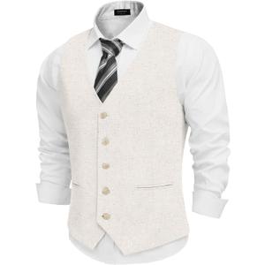 COOFANDY Men's Linen Vest Casual Linen Slim Fit Suit Vests Dress Waistcoat Wedding Business Prom (3X-Large, Light Khaki)